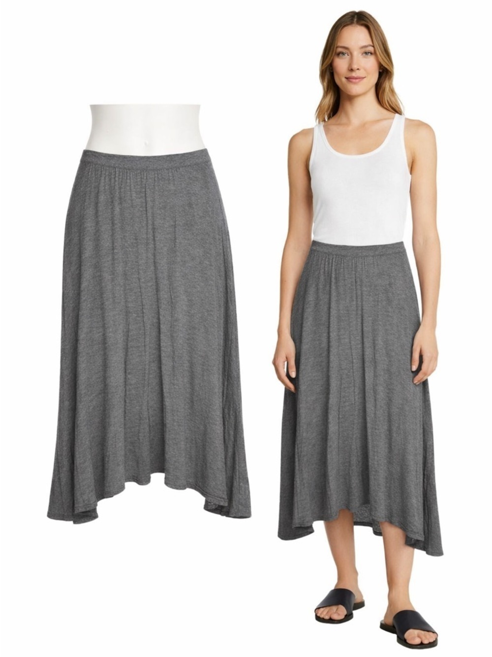 Tibi | Gray Ribbed Knit Midi Skirt | Soft Stretch | Flowy Hem | Size 4